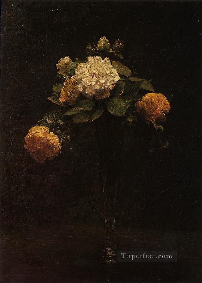 背の高い花瓶に入った白と黄色のバラ アンリ・ファンタン・ラトゥール油絵
